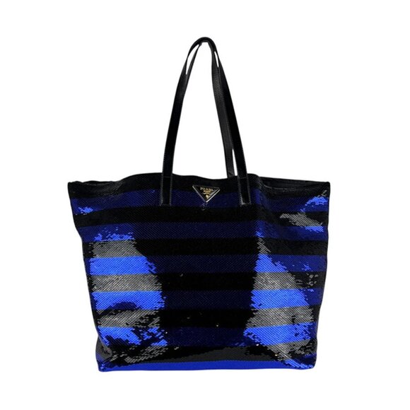 Auth PRADA Handbag Tote Bag Black/Blue Sequin/Patent Leather - Picture 1 of 12